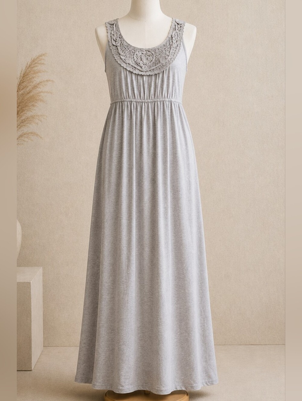 Maxi Dress XL Flowy Gray Crochet Yoke NWT
